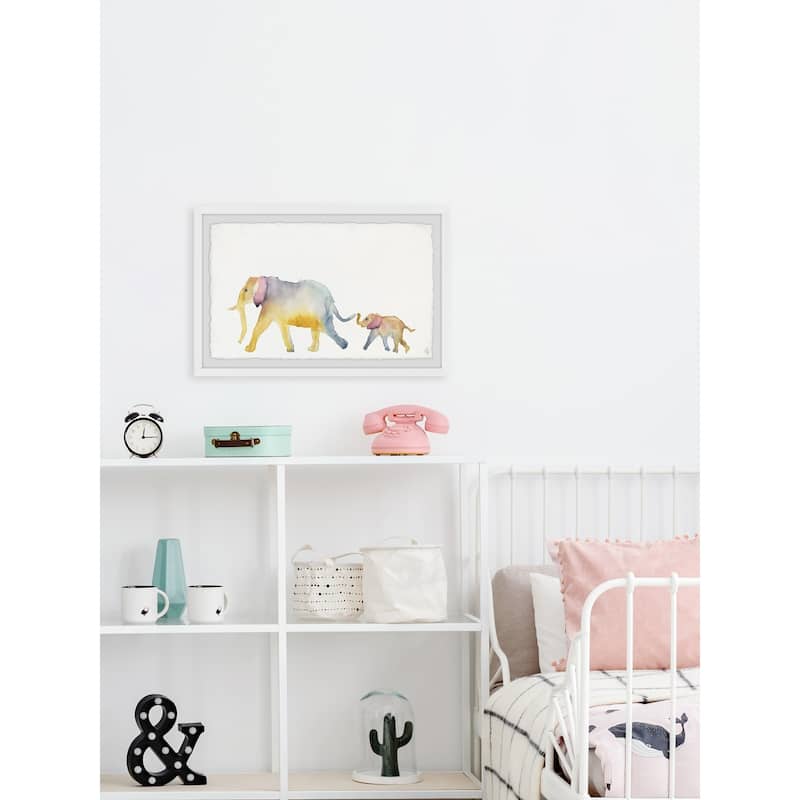 'Mom and Baby Elephant' Framed Painting Print - Multi-Color