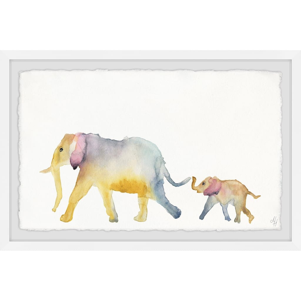 'Mom and Baby Elephant' Framed Painting Print - Multi-Color