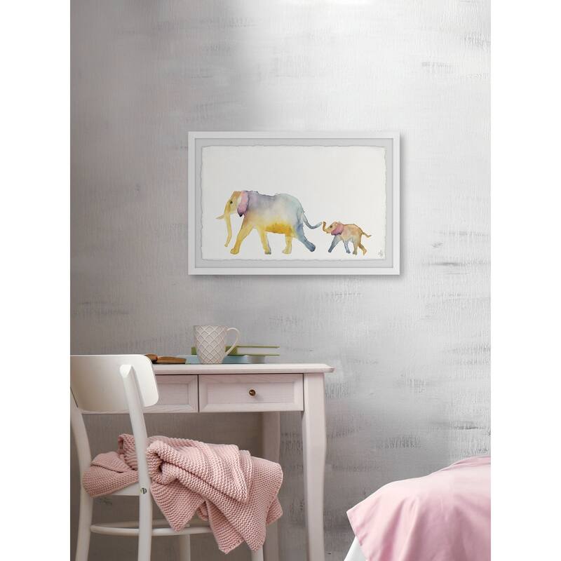 'Mom and Baby Elephant' Framed Painting Print - Multi-Color