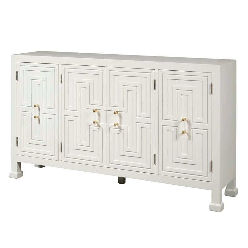 Modern Geometric White Finish Four Door Credenza Console Chest