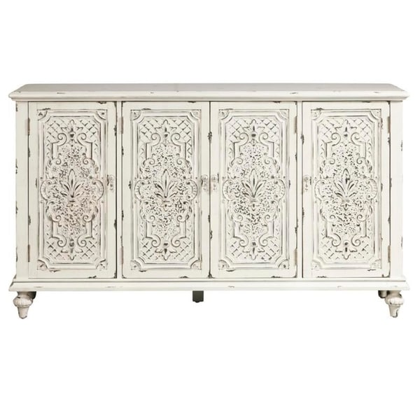 Distressed Vintage Cream Finish Four Door Credenza Console Chest