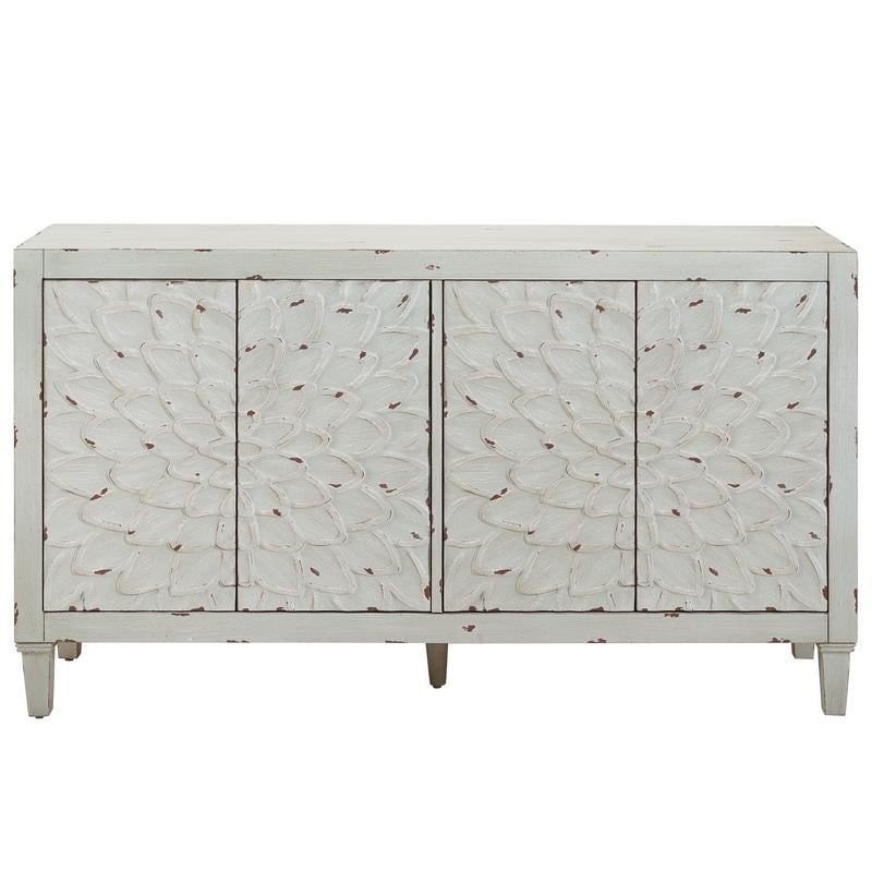 Distressed Pale Mint Green Finish Four Door Credenza Console Chest