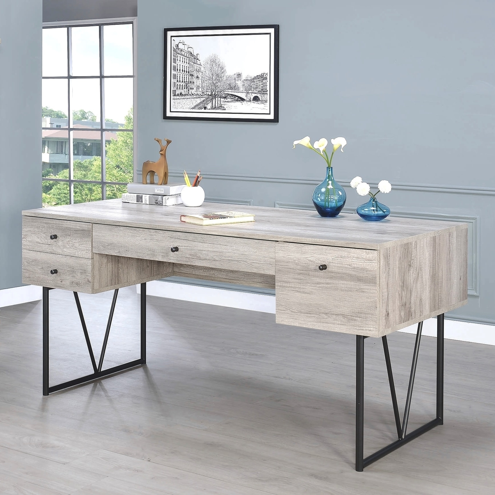 Grey Driftwood Mid Century Home Office Desk With Drawers Grey Driftwood Mid Century Home Office Desk With Drawers