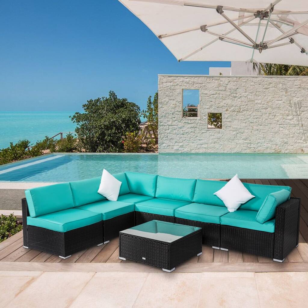 Kinbor 7-Piece Outdoor Furniture All Weather Wicker Sofa Set Patio Sectional Sofa Set w/ Cushions Turquoise