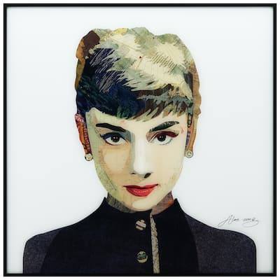 Audrey Hepburn Printed Glass Wall Art Black Anodized Aluminum Frame - White