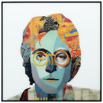 John Lennon Printed Glass Wall Art with Black Anodized Aluminum Frame - White