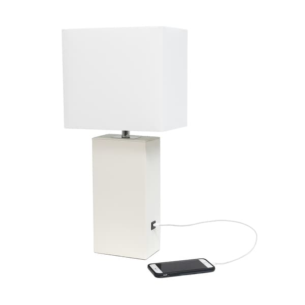 Elegant Designs Modern Leather Table Lamp with White Fabric Shade