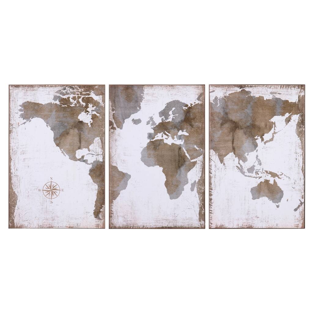 Large Vintage World Map 3 Panel Canvas Set Wall Art