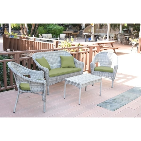 Set of 4 Grey Resin Wicker Clark Conversation Set with Sage Green Cushion