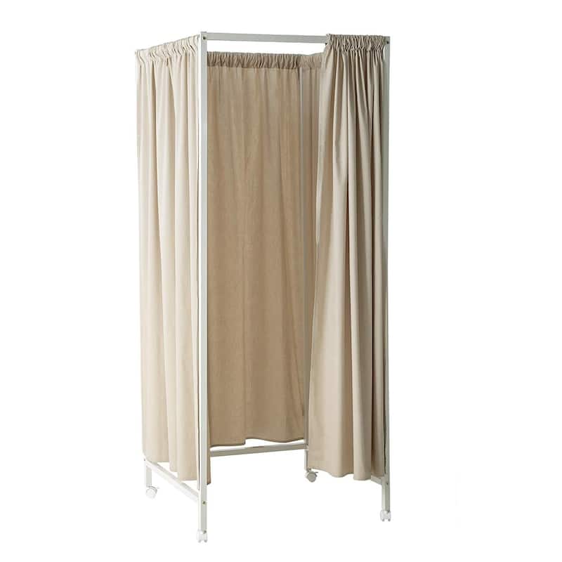 Don't Look At Me - Portable Changing Room Divider - White Frame with Cotton Fabric and Casters - 29.92"W x 29.92"D x 73.82"H - White Frame with Sepia Beige Fabric