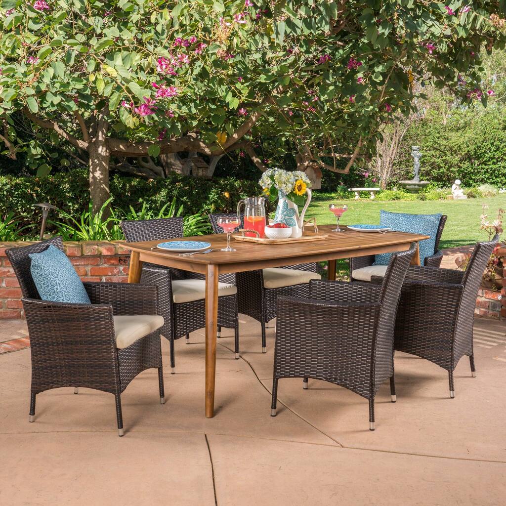 Jaxon Outdoor 7 Piece Multibrown PE Wicker Dining Set with Rectangular Dining Table by Christopher Knight Home