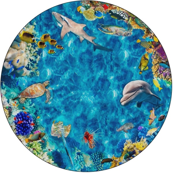 Flagship Carpet 12' Round Kids Nylon Into The Sea Classroom Seating Rug - 12' Round