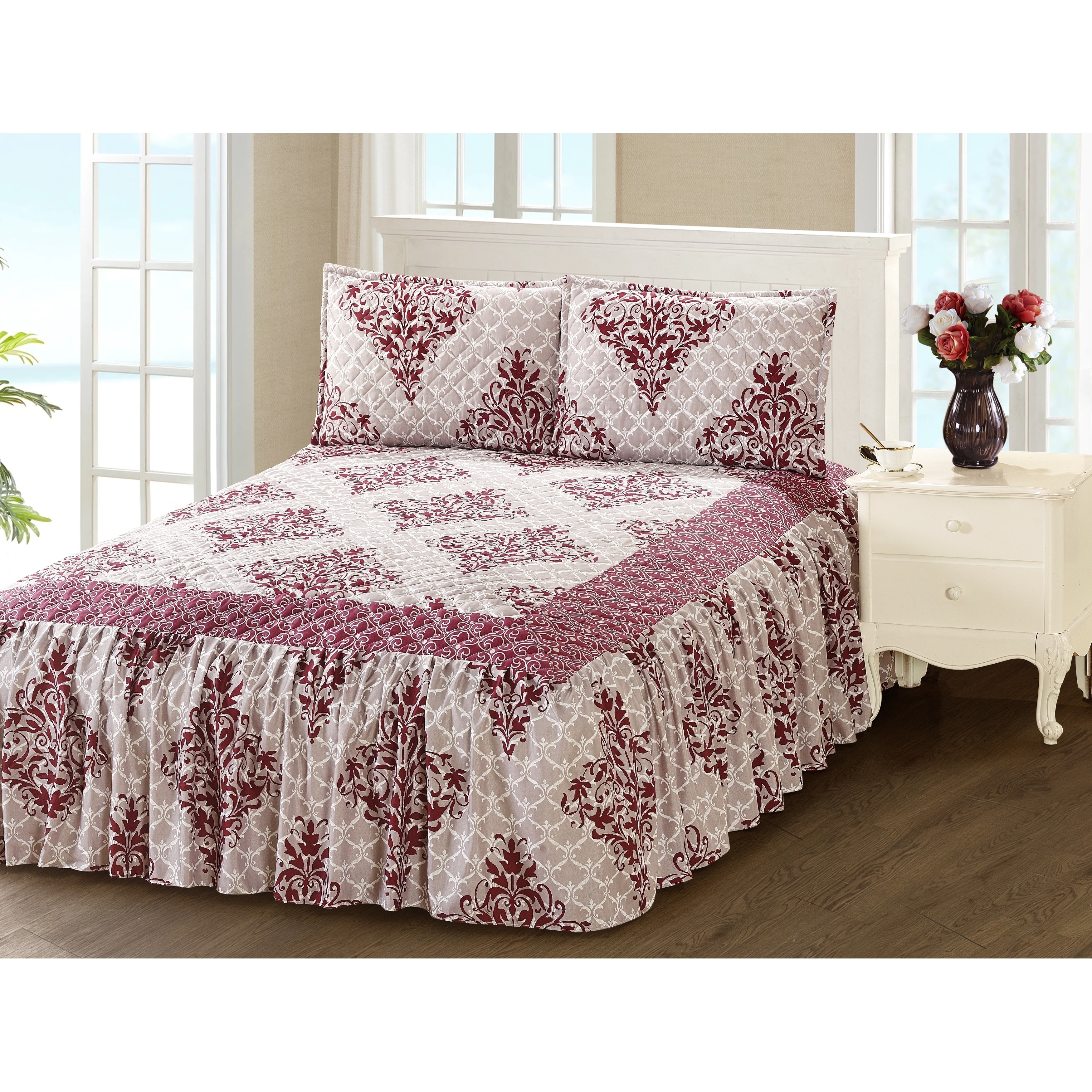Khloe 3 Piece Bedspread Set With Attached Bed Skirt Maroon Damask Khloe 3 Piece Bedspread Set With Attached Bed Skirt Maroon Damask