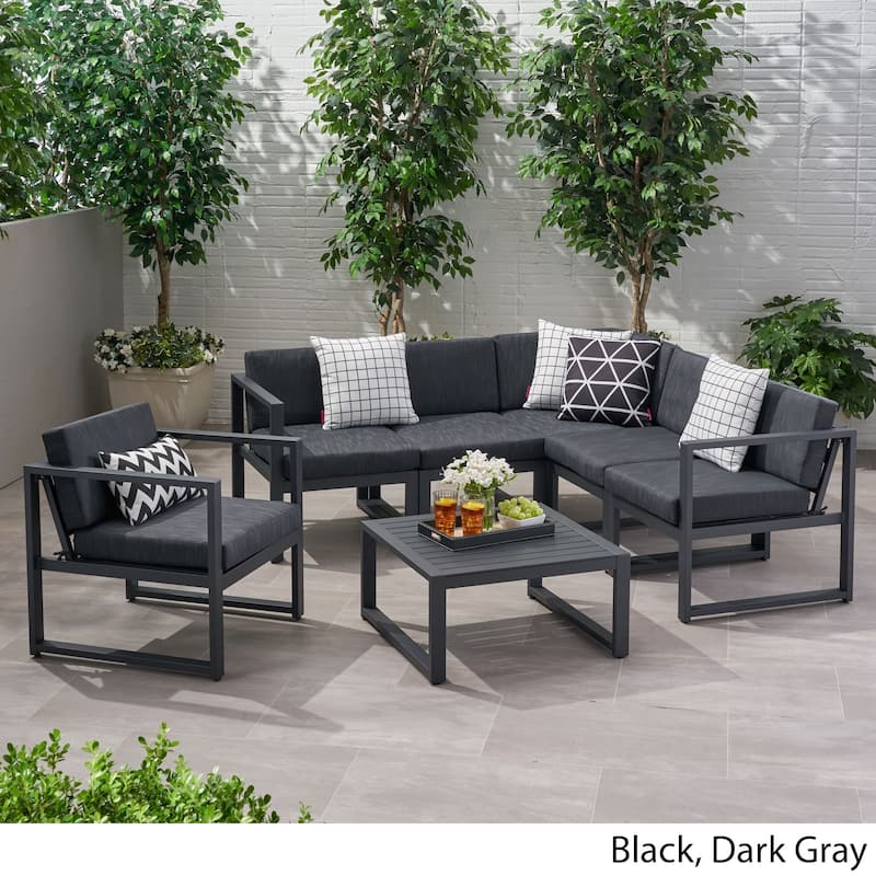 Navan Outdoor Aluminum 6 Seater Sofa Set by Christopher Knight Home - Black + Dark Gray