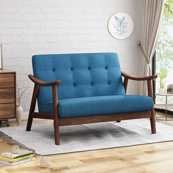 slide 1 of 9, Hetel Mid-Century Modern Settee by Christopher Knight Home Navy Blue + Brown