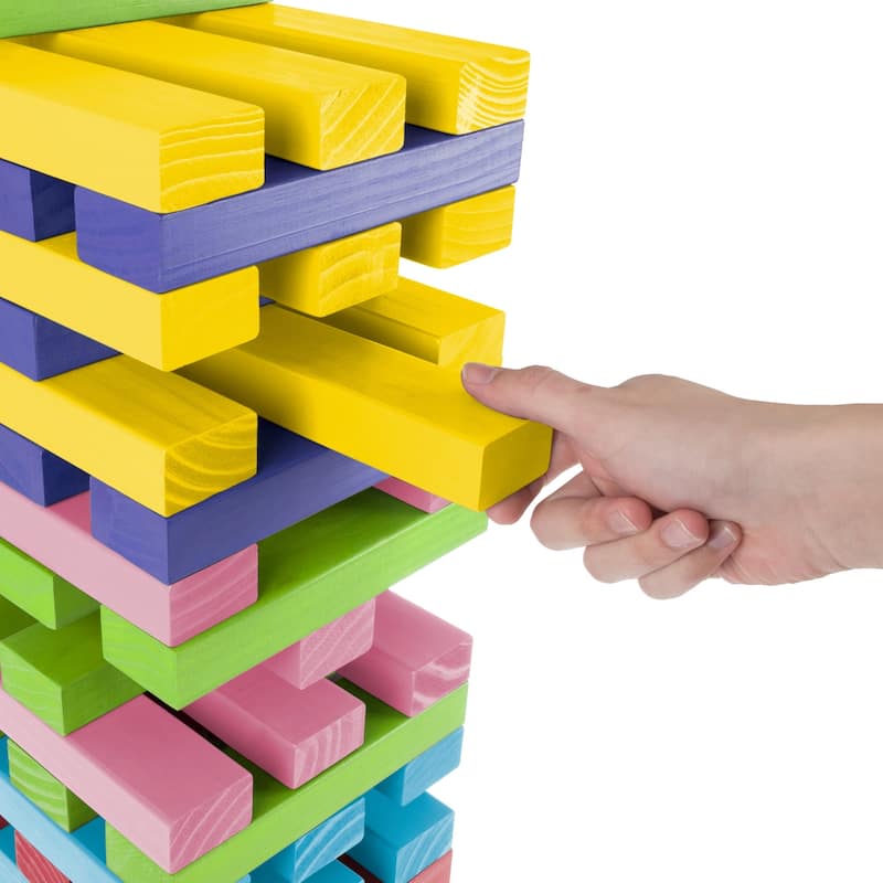 Nontraditional Giant Wooden Blocks Tower Stacking Game with Dice, Outdoor Yard Game by Hey! Play! (Rainbow Color)