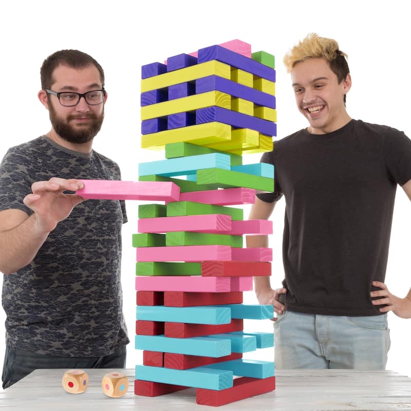 Nontraditional Giant Wooden Blocks Tower Stacking Game with Dice, Outdoor Yard Game by Hey! Play! (Rainbow Color)