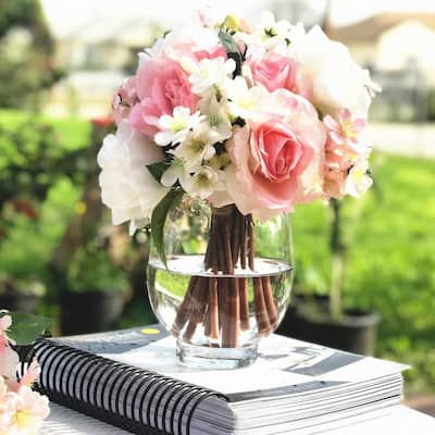 Enova Home Pink and Cream Artificial Silk Roses and Mixed Fake Flowers Arrangement in Round Clear Glass Vase with Faux Water