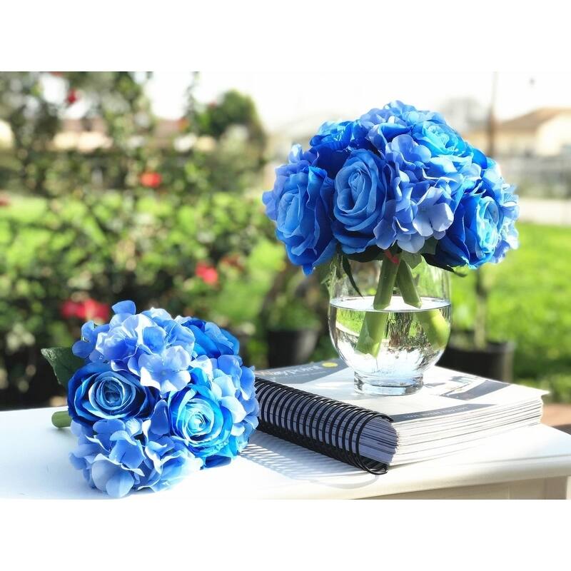 Enova Home Blue Artificial Silk Roses and Hydrangea Fake Flowers Bouquets Set of 2 for Home Office Wedding Decoration