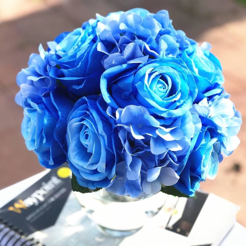 Enova Home Blue Artificial Silk Roses and Hydrangea Fake Flowers Bouquets Set of 2 for Home Office Wedding Decoration