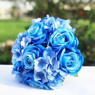 Enova Home Blue Artificial Silk Roses and Hydrangea Fake Flowers Bouquets Set of 2 for Home Office Wedding Decoration