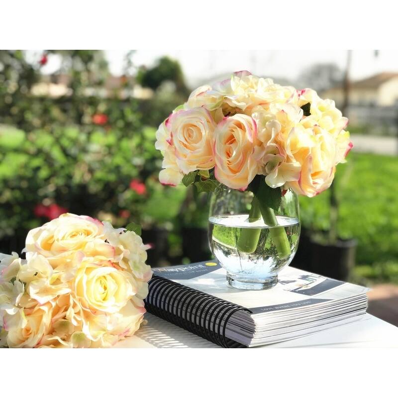 Enova Home Blush Artificial Silk Roses and Hydrangea Fake Flowers Bouquets Set of 2 for Home Office Wedding Decoration - peach