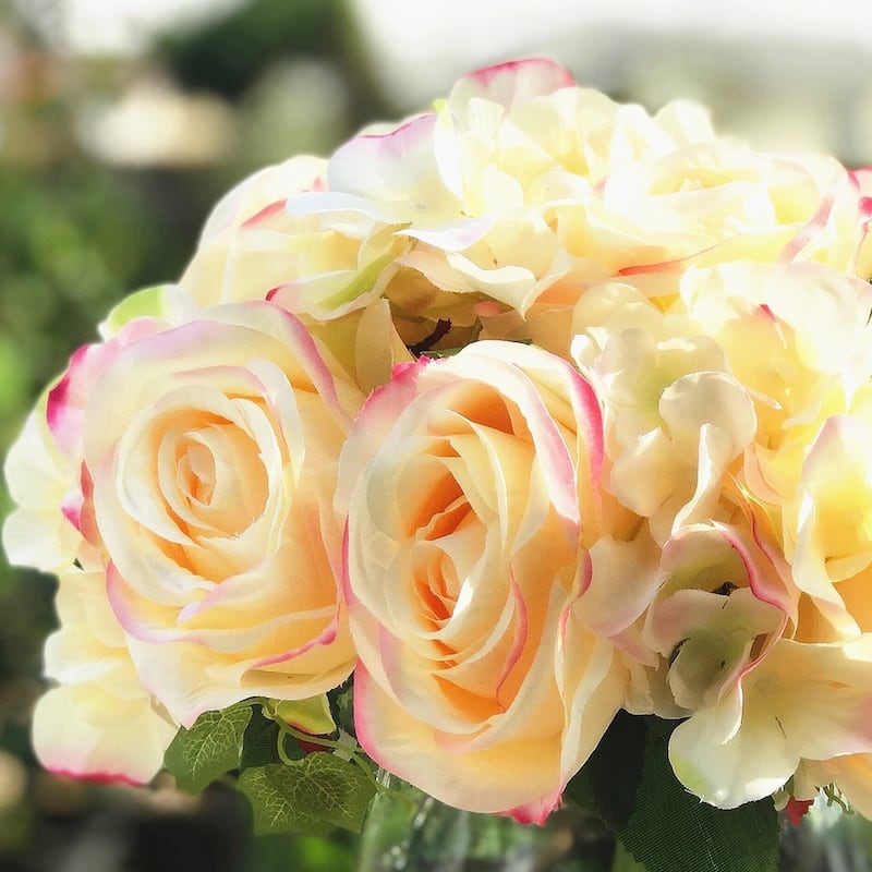 Enova Home Blush Artificial Silk Roses and Hydrangea Fake Flowers Bouquets Set of 2 for Home Office Wedding Decoration - peach