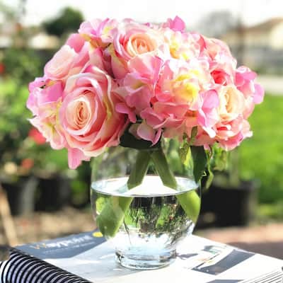Enova Home Pink Artificial Silk Roses and Hydrangea Fake Flowers Arrangement in Round Glass Vase for Home Decoration