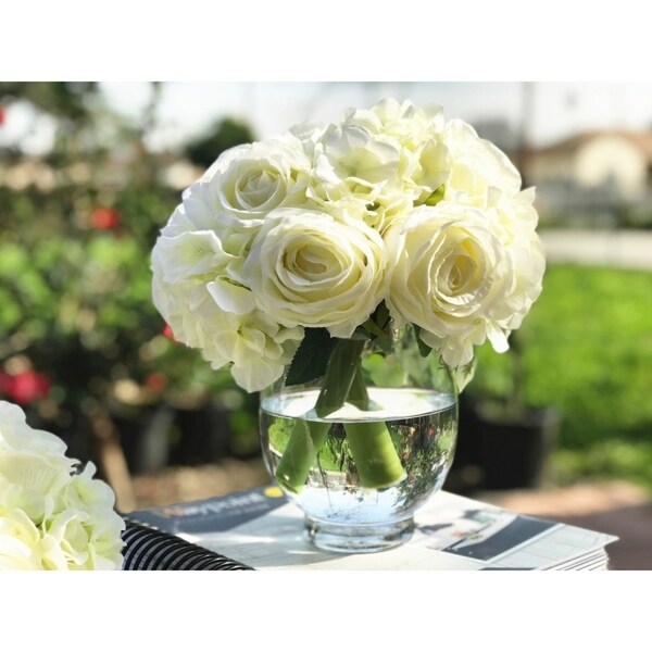 Artificial Ivory Rose Hydrangea Luxury Flower Arrangement With.Glass Vase 