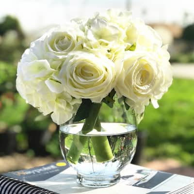 Enova Home Artificial Cream Silk Roses and Hydrangea Fake Flowers Arrangement in Clear Round Glass Vase with Faux Water