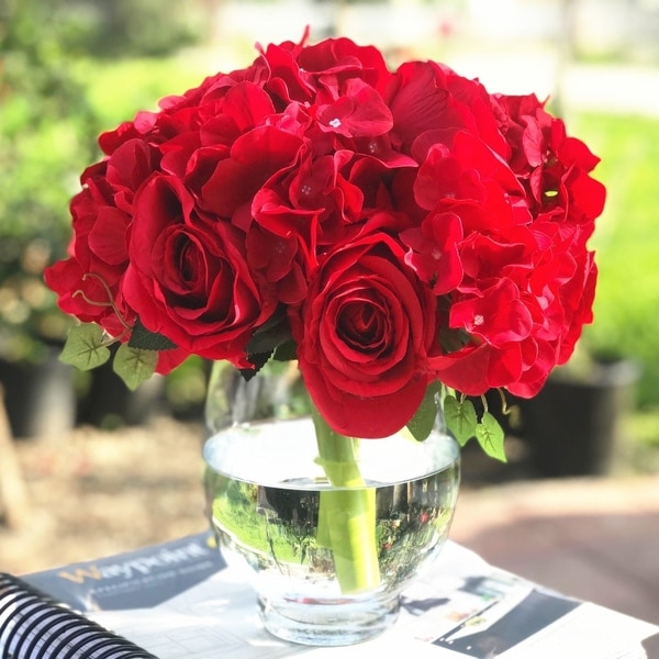 red artificial flower arrangements