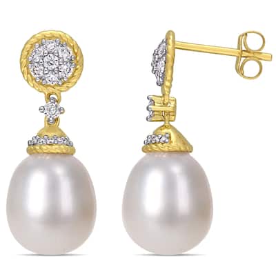 Miadora 14k Yellow Gold Cultured FW Pearl and 1/3ct TDW Diamond Cluster Drop Earrings (9-10 MM)