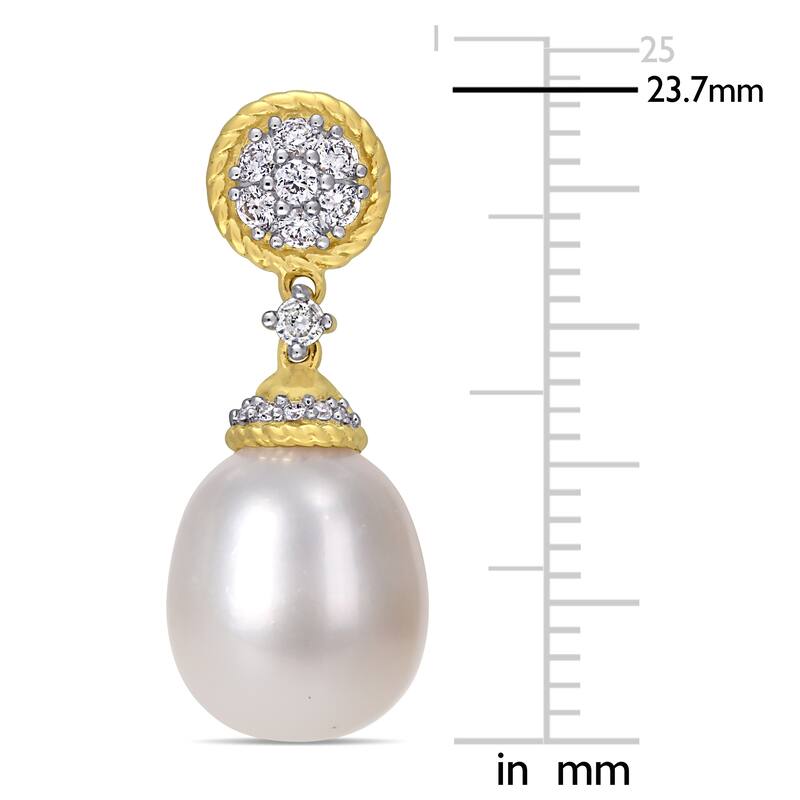 Miadora 14k Yellow Gold Cultured FW Pearl and 1/3ct TDW Diamond Cluster Drop Earrings (9-10 MM)