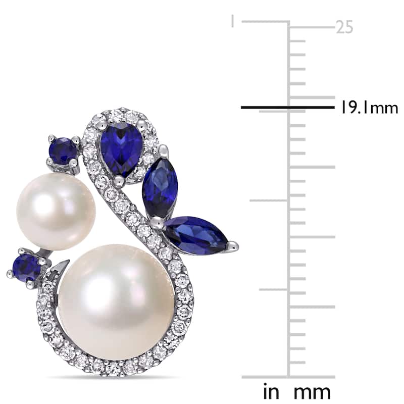 Miadora 10k White Gold Cultured FW Pearl Created Blue Sapphire and 1/3ct TDW Diamond Earrings (5-9 MM)