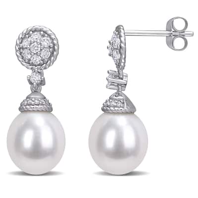 Miadora 14k White Gold Cultured FW Pearl and 1/3ct TDW Diamond Cluster Drop Earrings (9-10 MM)
