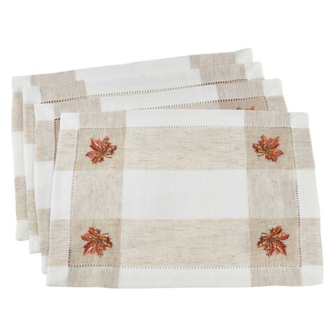 Saro Lifestyle Hommage Brode Collection Ivory Embroidered Leaf Design Hemstitch Placemats (Set of 4)