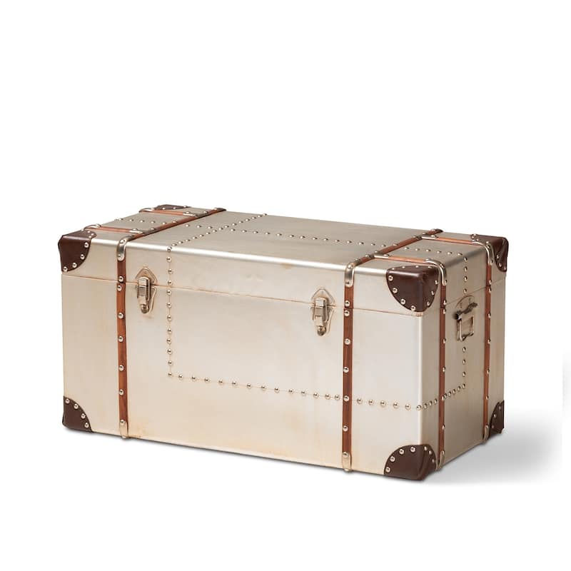 French Industrial Silver Metal Storage Trunk - Silver