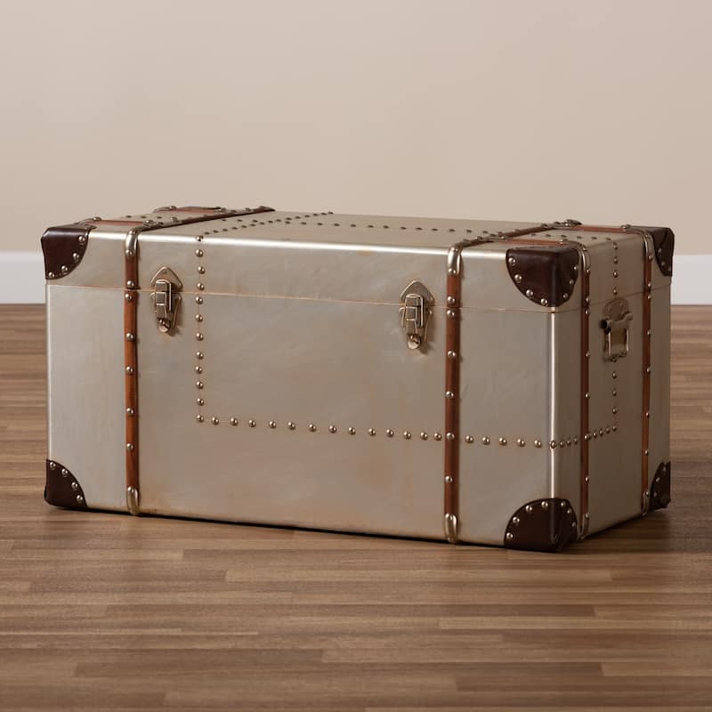 French Industrial Silver Metal Storage Trunk