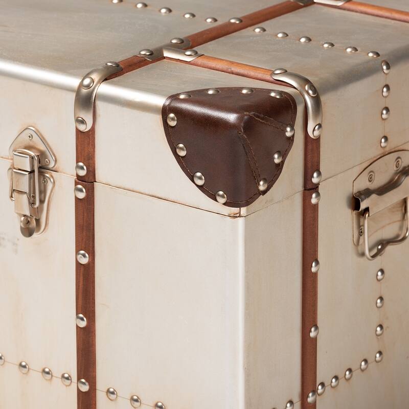 French Industrial Silver Metal Storage Trunk
