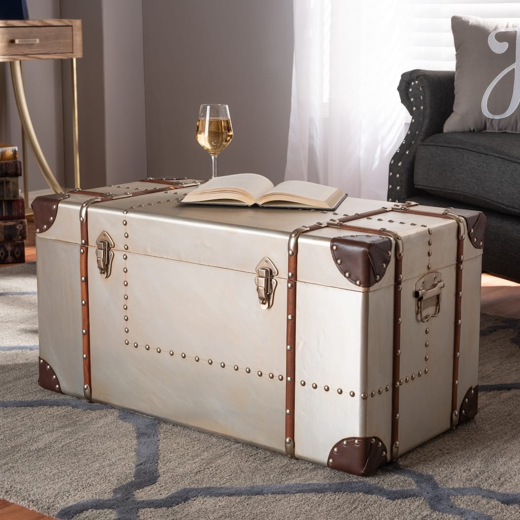 French Industrial Silver Metal Storage Trunk