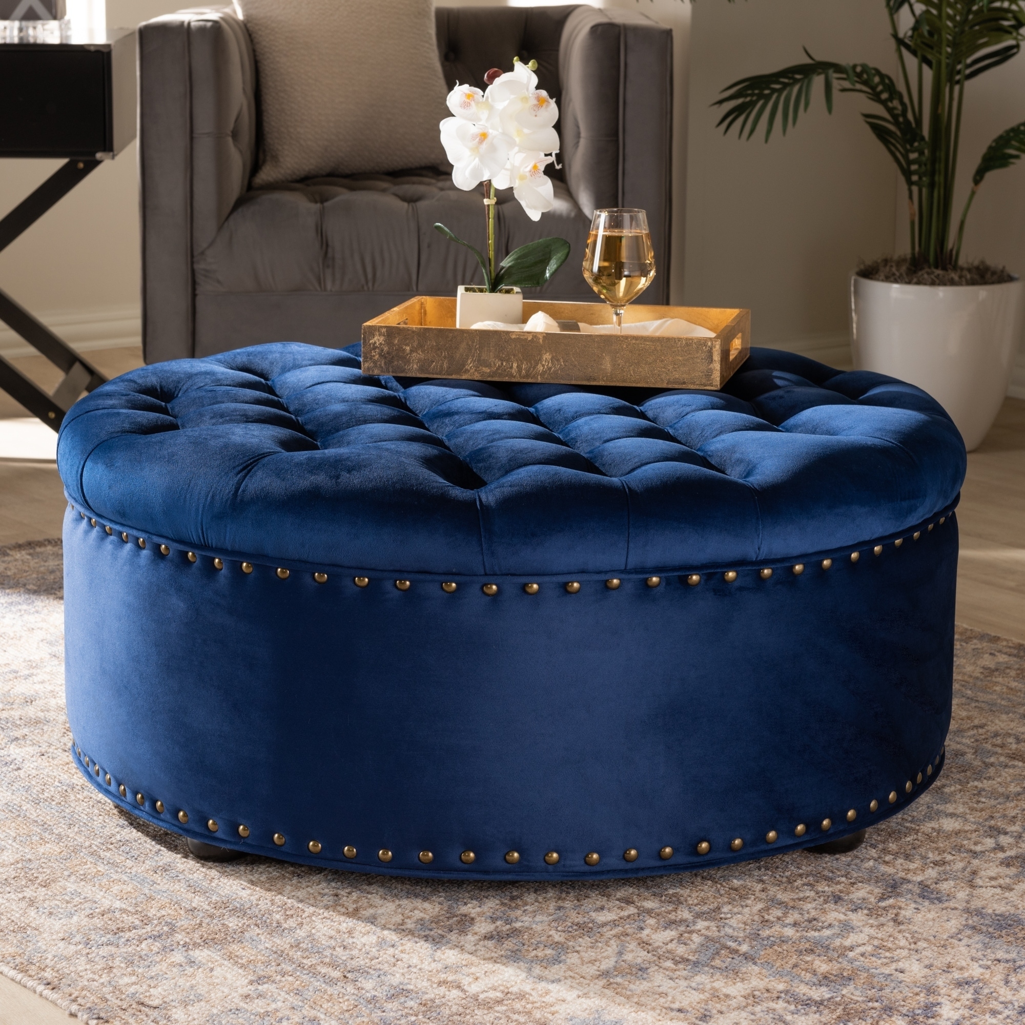 Baxton Studio Velvet Fabric and Wood Contemporary Ottoman On