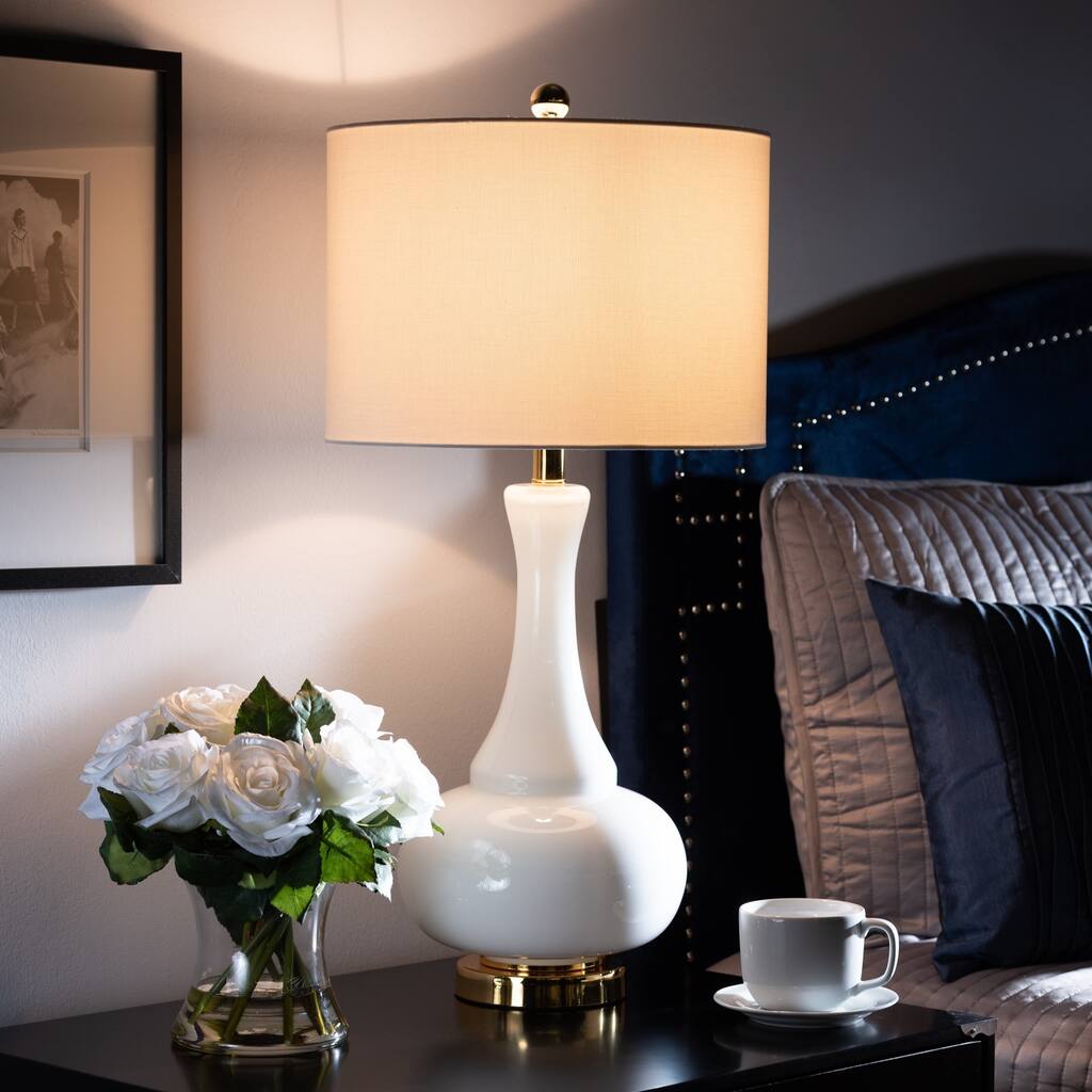 Contemporary White Glass and Gold Finished Metal Teardrop Table Lamp