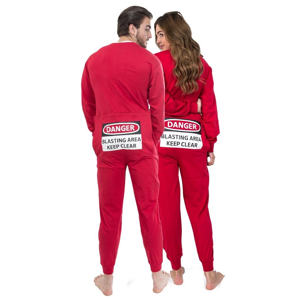 Red Union Suit Sleeper Pajamas with Funny Rear Flap "DANGER BLASTING AREA"
