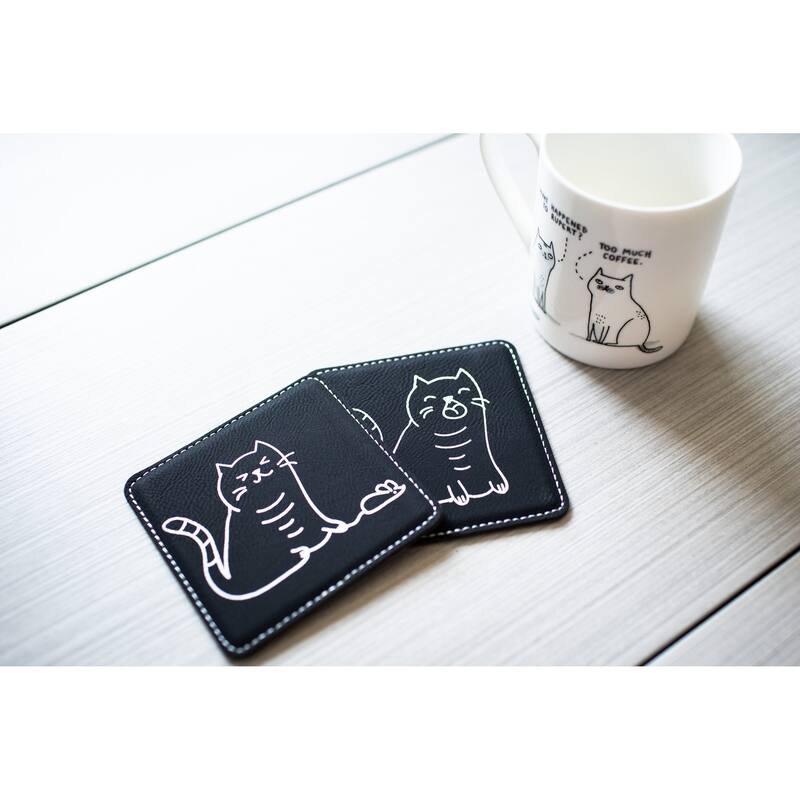 Set of 6 Funny Cat Coasters - Cute Cat Coasters / Engraved Coasters