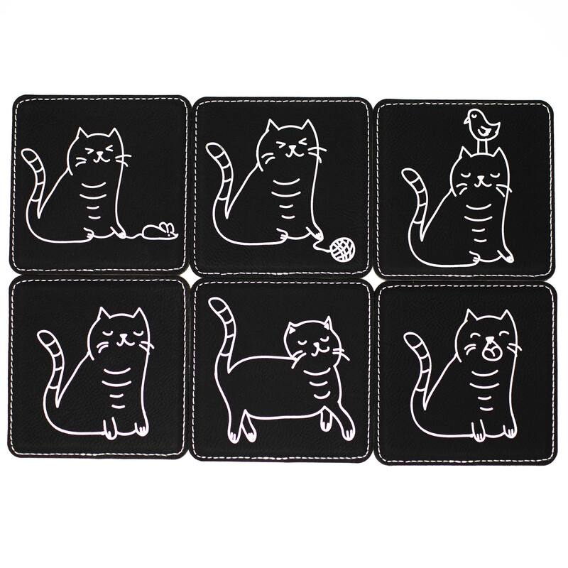Set of 6 Funny Cat Coasters - Cute Cat Coasters / Engraved Coasters