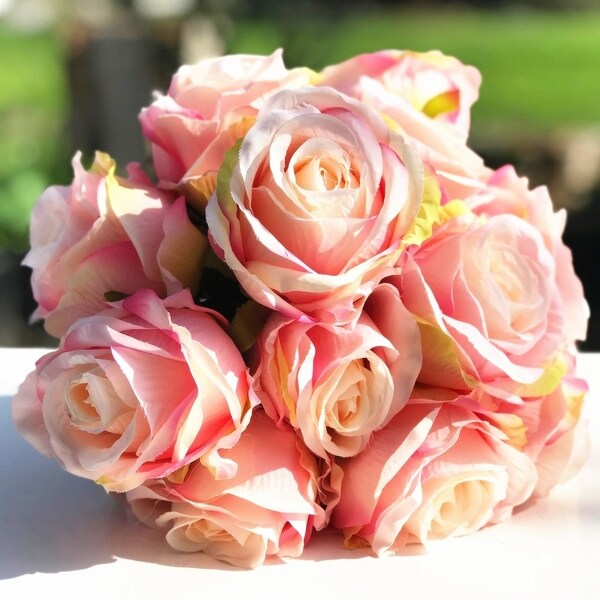 Enova Home Pink Artificial Silk Open Rose Flower Bouquets set of 2
