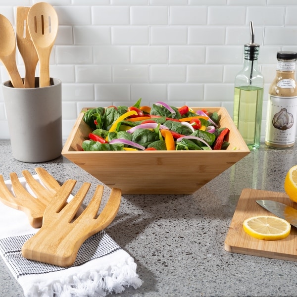 Classic Cuisine Natural Finish Bamboo Wood 11-inch Salad Bowl with Utensils
