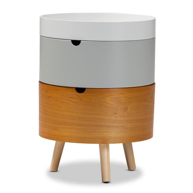 Baxton Studio Elison Mid-Century Modern Multi Color 3-Tier Wood End Table - White/Light Gray/Natural - 3-drawer
