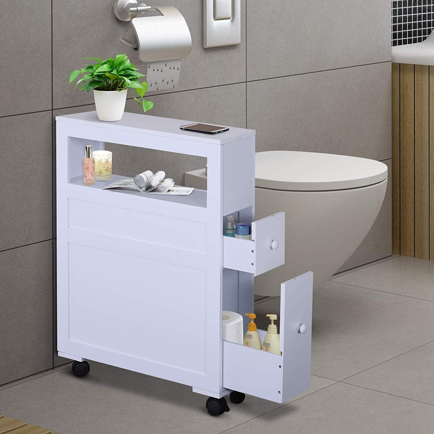 Wood Rolling Narrow Bathroom Side Storage Cabinet N A