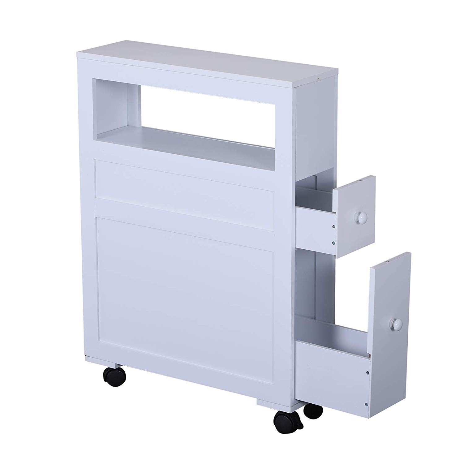 HOMCOM 6” x 20.5” x 28” Slim Rolling Bathroom Storage Cabinet Wood Rolling  Narrow Bathroom Side Storage Cabinet - White